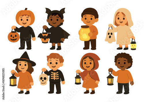 Halloween characters flat icon set. featuring pumpkin, skeleton, ghost, bat, witch, vampire, knight, mummy