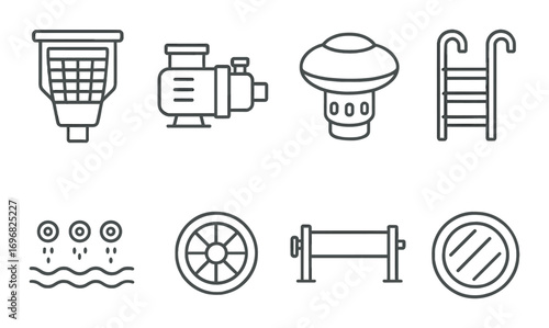 Water systems linear icon set. featuring well, faucet, pipe, sewer, sprinkler, barrel, pump.