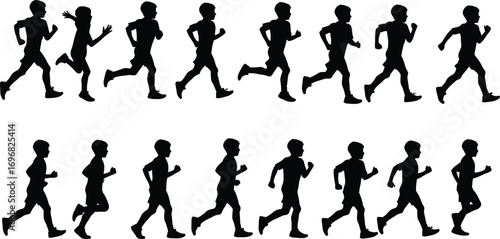 Silhouette of children running in sequence, sports activity illustration, boy jogging silhouette, kids exercise movement, healthy lifestyle concept