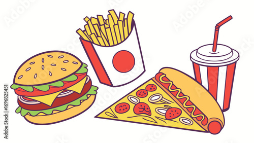 Fast food icons vector set with burger, pizza, fries, soda, and hot dog in colourful flat design for restaurant concept