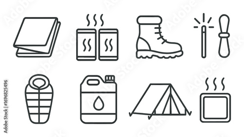 Space equipment flat icon set. featuring tether cord, safety hook, maneuvering unit, eva timer, chest panel