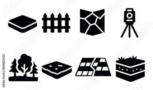 Mapping and navigation silhouette icon set. featuring map, compass, gps, location marker, and terrain symbols