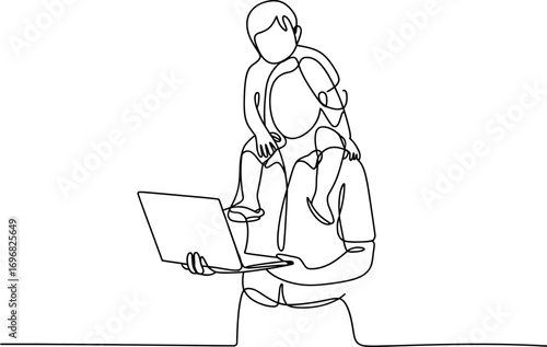 Mother holding child on shoulders while working on laptop, symbolizing modern parenthood