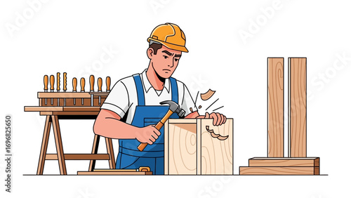 Carpentry Mishap: A skilled carpenter, adorned in safety attire, confronts a moment of uncertainty while meticulously crafting with wood and tools.