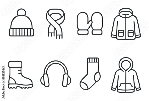 Disinfection kit linear icon set. featuring sanitizer, wipes, gloves, mask, thermometer, spray, biohazard, check symbols