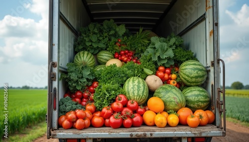 Fototapeta Naklejka Na Ścianę i Meble -  Refrigerated truck loaded with fresh vegetables, fruits on farm. Colorful harvest of tomatoes, watermelons, oranges, melons, broccoli, leafy greens ready for market distribution, logistic. Organic