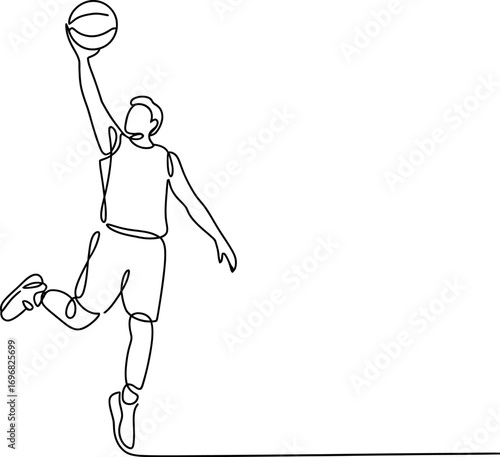Dynamic one-line drawing of a basketball player mid-air, reaching for the hoop with intensity and focus.