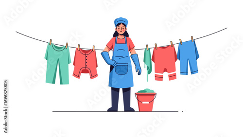 Laundry Day Delight: A vibrant illustration depicts a woman happily hanging laundry. This captures the essence of domestic life, with clean clothes, sunshine, and the simple pleasures of home.