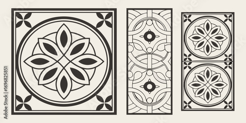 Collection of geometric and floral ornamental designs, isolated on white