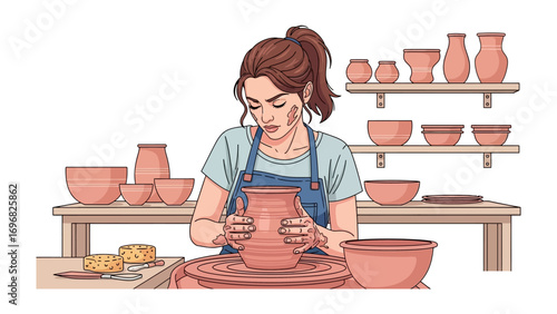 The Art of Creation: A woman meticulously sculpts a pottery vase on a pottery wheel, surrounded by her collection, showcasing the artistry and patient dedication required in the craft