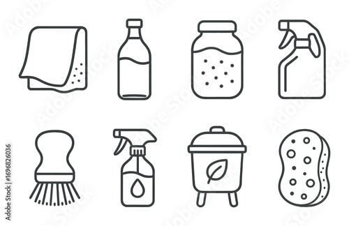 Cleaning tools linear icon set. featuring squeegee, spray bottle, detergent, ladder, cloth, bucket, scraper, window.