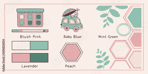 Color palette and cute cartoon elements for baby and mint themes