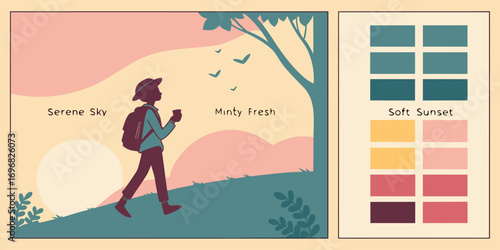 Hiker walking in serene sunset landscape with minty fresh color palette