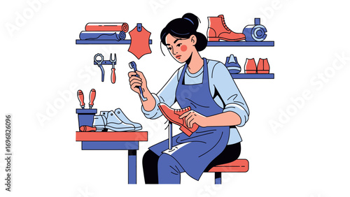 Artisan Crafts Shoe Repair: An artisan delicately repairs a shoe with precision, surrounded by tools and materials within a cozy workshop, embodying skill and craftsmanship.