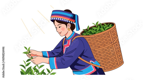 Tea picker in traditional attire : A woman clad in vibrant, traditional clothing delicately harvests tea leaves under the warm glow of sunlight.