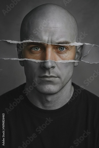 Artistic portrait of a man with torn paper effect revealing colored face within monochrome. Symbol of contrast between outer and inner world, hidden emotions, and duality of personality.