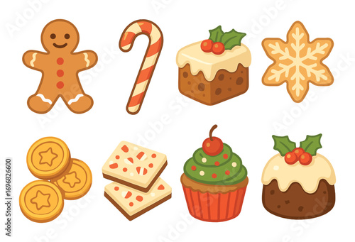 Bakery dessert flat icon set. featuring chocolate, vanilla, strawberry, cherry, sprinkles, heart, muffin, cupcake