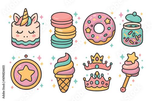 Chocolate theme flat icon set. featuring bar, cookie, cocoa bean, dipped strawberry, square, swirl, mug symbols