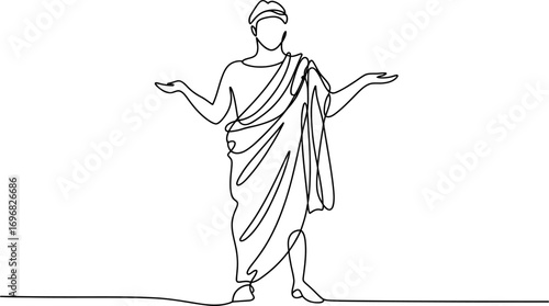 Ancient Greek figure in flowing toga, arms outstretched in welcoming gesture, drawn with minimalist single line art.