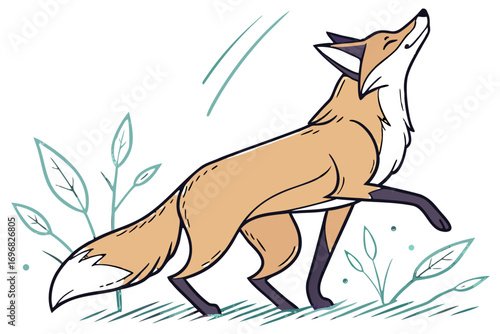 A fox looking up with plants and leaves