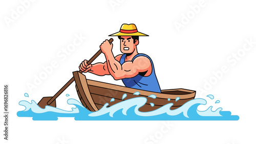 Rowing Boat in Water: A robust rower navigates choppy waters in a classic rowing boat. The illustration captures his exertion and determination to advance against the turbulent currents.