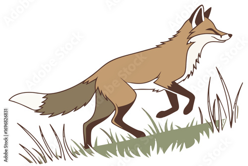 A cartoon fox walking through grass