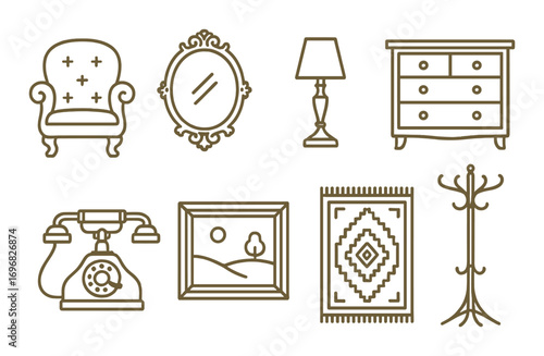 Children's room linear icon set. featuring bunk bed, teddy bear, table, bean bag, bookshelf, stars, clouds, rug, chair