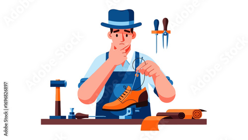 Artisan's Craft: A focused craftsman meticulously works on a leather shoe, showcasing the timeless art of shoemaking, in a simple and elegant illustration.