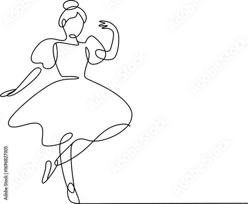 Elegant ballerina in a flowing dress performs a graceful dance, captured in a continuous line art style.