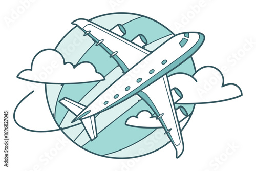 Airplane flying around the globe with clouds, travel concept