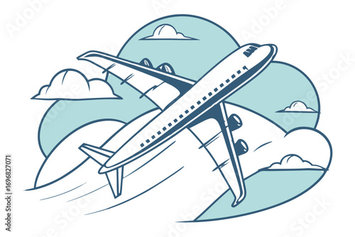 Airplane flying through clouds, travel and aviation concept