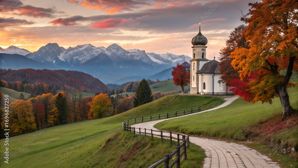 Naklejka premium Photograph featuring a picturesque autumn scene. In the foreground, a winding path leads through lush green hills