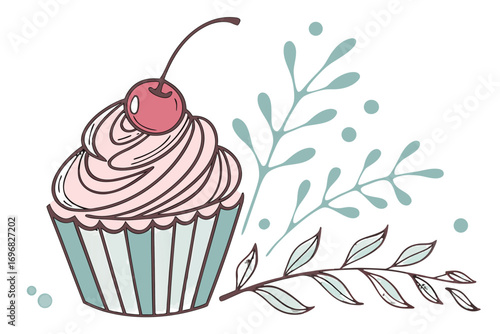 Hand drawn cupcake with cherry and leaves