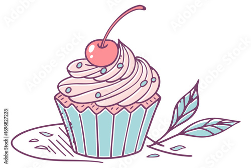 Handdrawn cupcake with cherry and leaves