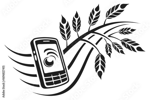 Smartphone with wheat stalks, agriculture technology concept