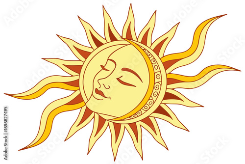 Stylized sun and moon face with rays