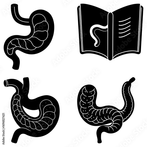 Illustration showing four black and white images of digestive systems and an open book with a gut on it