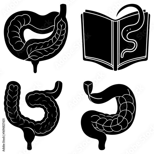 Illustrations showing stomach intestines and a book with a snake on the pages in black and white