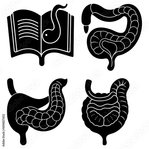 Illustration of an open book with a worm and four different illustrations of the human intestine anatomy