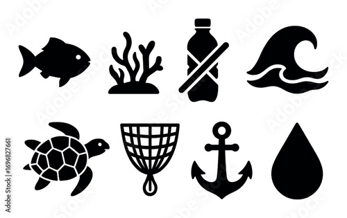 Travel silhouette icon set. featuring globe, passport, package, currency, handshake, and communication symbols