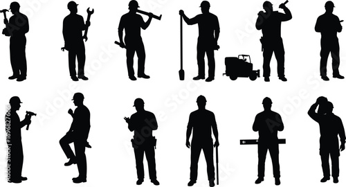Silhouettes of construction workers holding tools, working on job site, wearing safety gear, performing labor, maintenance, repair, and building tasks