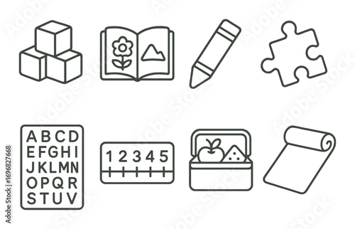 School theme linear icon set. featuring bus, briefcase, school building, calendar, books, apple, banner, shoes