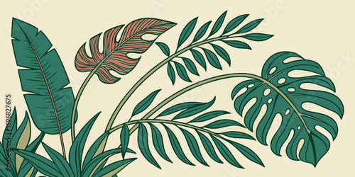 Tropical leaves with green and reddishbrown hues