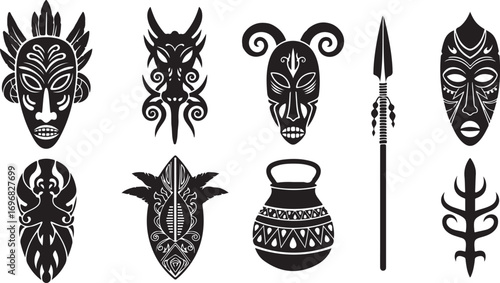 Tribal Artistry A Collection of Cultural Masks, a Spear, and Pottery Depicting Ancient Traditions and Artistic Heritage