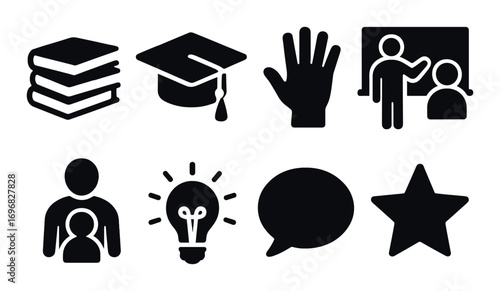 Charity silhouette icon set. featuring community, heart, hands, home, ribbon, handshake, group, and tree symbols
