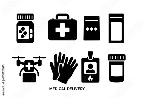 Delivery service silhouette icon set. featuring bag, person, stopwatch, scooter, email, map, and cap symbols