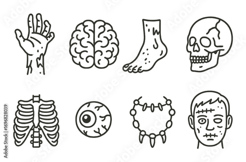 Alchemy and chemistry linear icon set. featuring beaker, flask, potion, smoke, test tube, eye, spell symbols