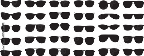 Sunglass silhouette icon set. Men glasses. Sun glasses hipster frame set, fashion black plastic rims.