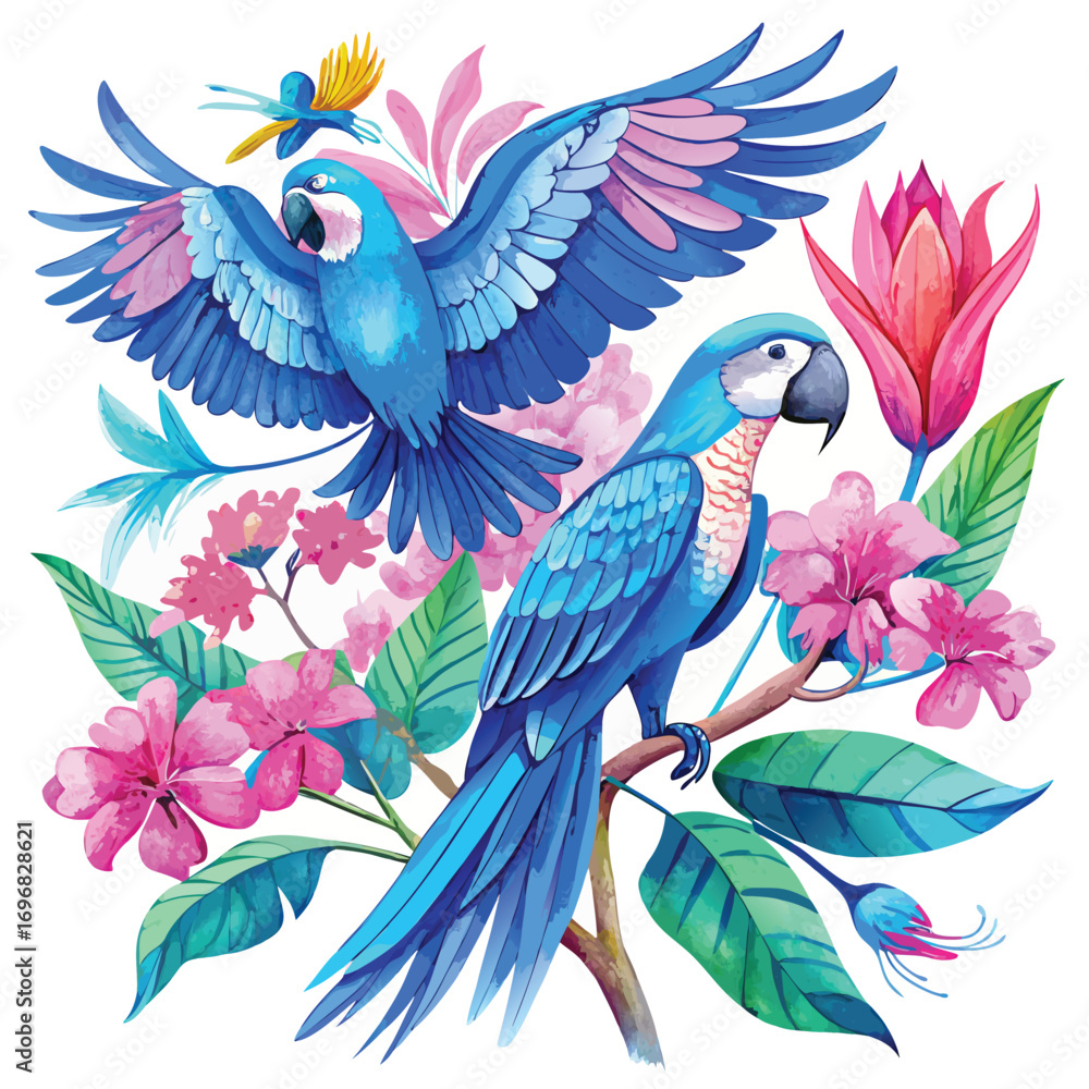 Fototapeta premium Blue Macaws and Tropical Flowers in Watercolor Style parrot hyacinth macaw