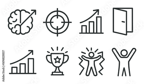 Finance and investment linear icon set. featuring chart, dollar, coins, bag, calculator, growth, computer, piggy bank